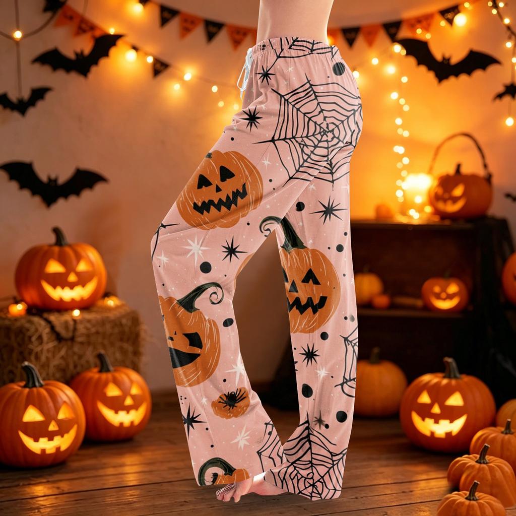 Women Drawstring Halloween Print Long Pants Casual Loose Fit Pajama Bottoms with Elastic Waistband for Home Lounge Sleepwear