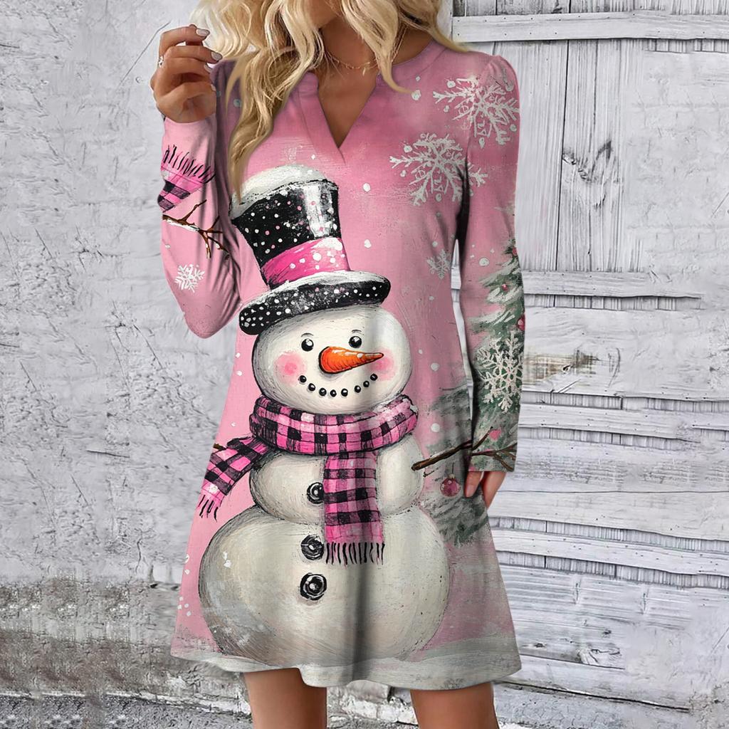 Dame Julemønstret Kjole Løs V-hals Casual Langermet Kjole