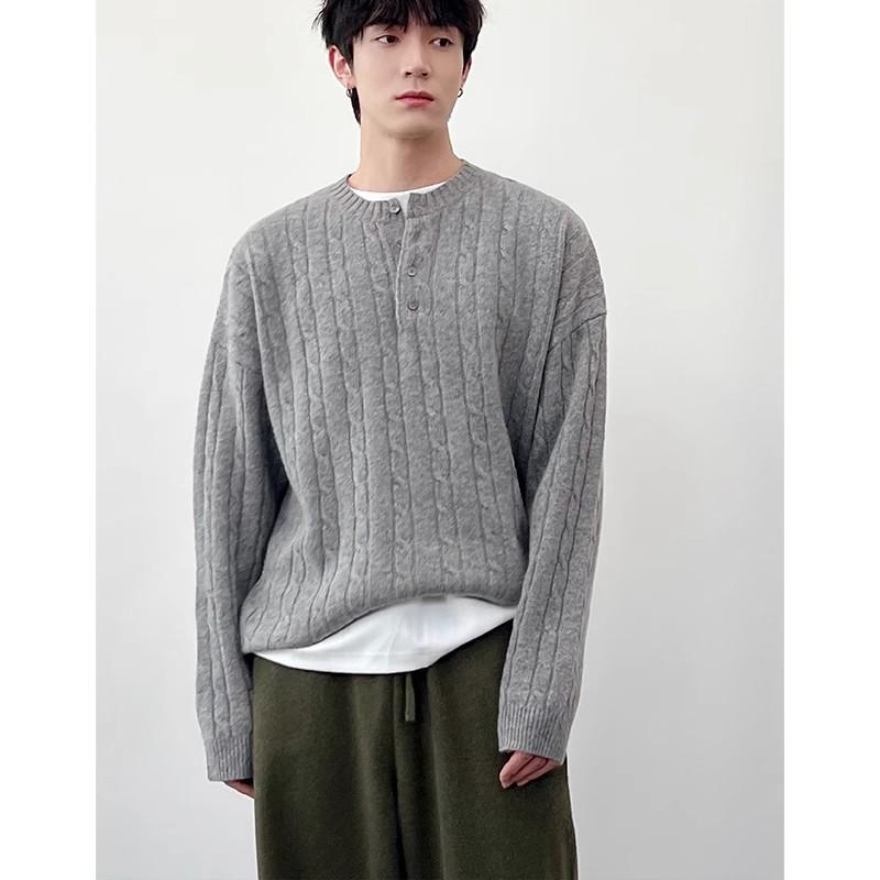 

Men s Korean Style High-End Henley Collar Sweater – Loose, Heavy Woven Pullover for Spring & Autumn XXL чорний