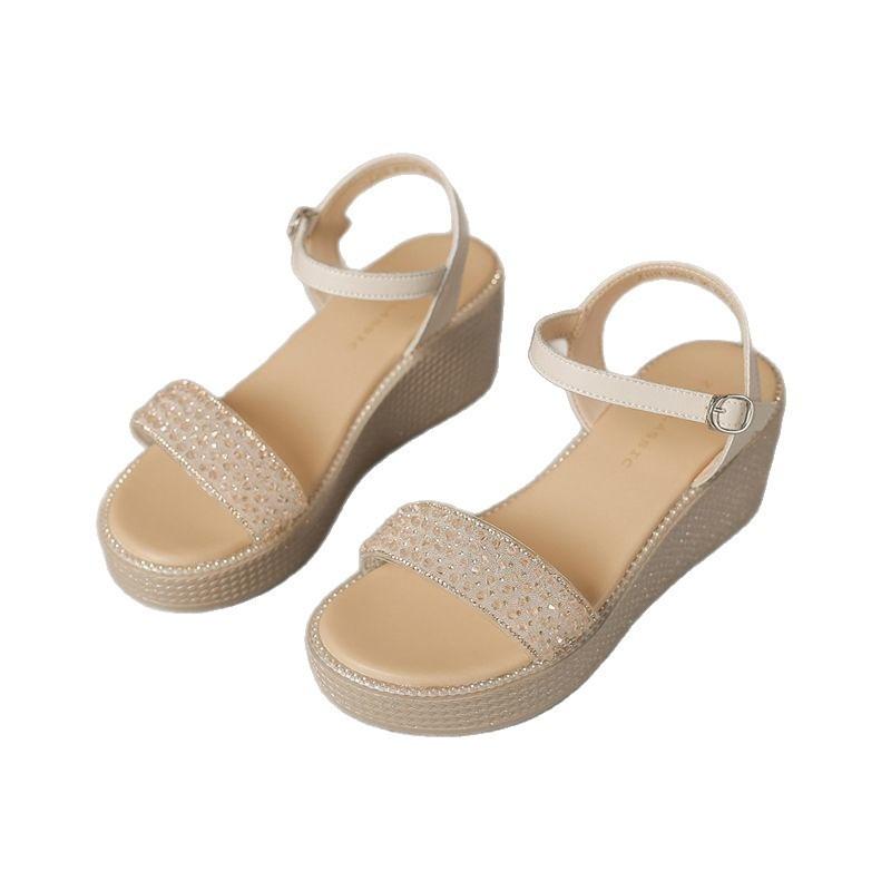 Muffin platform sandals one-button rhinestone wedge sandals summer new fashion platform sandals temperament women's shoes