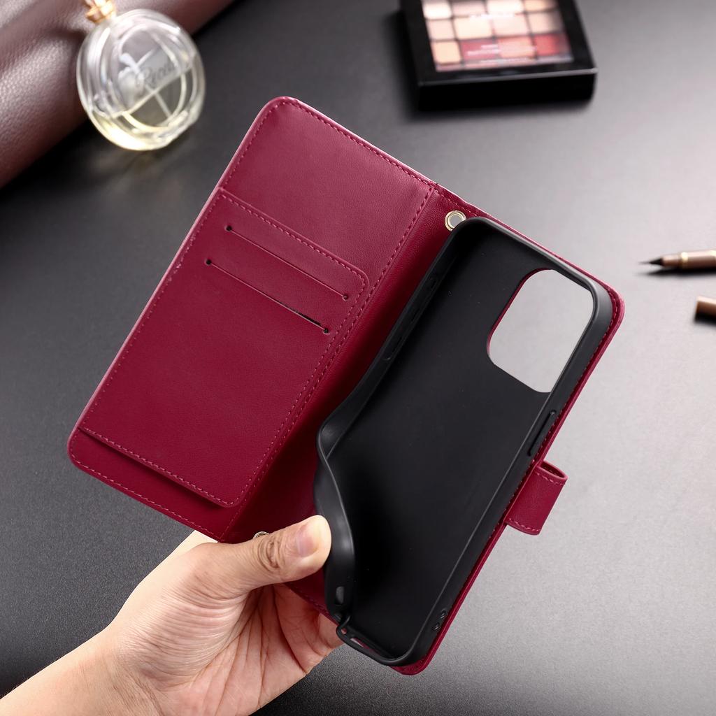 Flip Leather Phone Case for iPhone 17 Air 16 15 Pro Max 16E 14 13 12 11 Pro XS Max XR SE 8 7 Plus Long Lanyard Wallet Card Cover