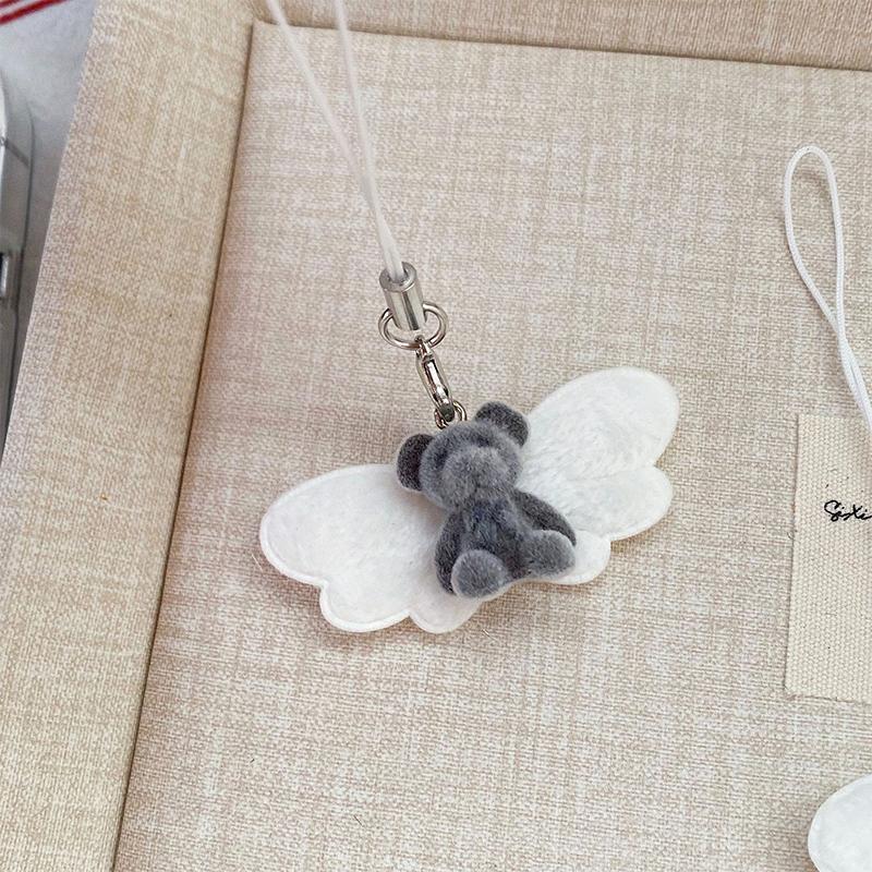 Cartoon Flocking Cat Pendant Keychain Y2K Butterfly Wings Key Ring For Women Girls Cute Camera Bag Pendant Decoration Gifts