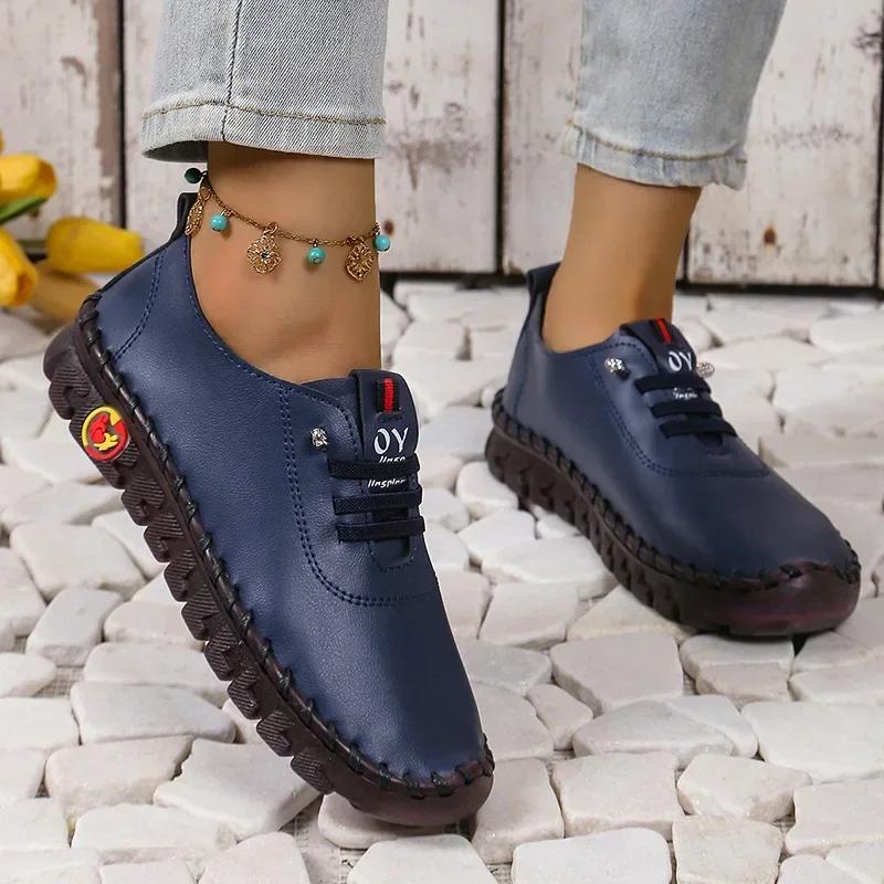 New Women's Handmade Flat Sneakers Comfortable Slip On Lace Up Round Toe Shoes Hand Sewing Thread Mom Shoes Zapatillas De Mujer