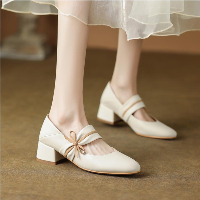Fashion Vintage Square Toe Bowknot Decoration Pu Mary Jane Shoes Women 2025 Summer Medium Heel Dress Pumps Elegant Autumn Office Pumps