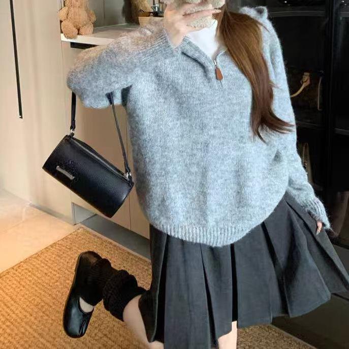 Women's Petite Korean Loose Knit Hooded Sweater - Autumn/Winter Style