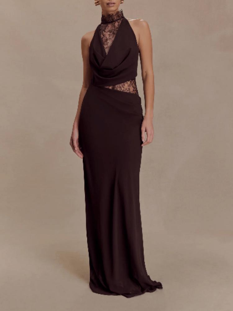 European and American Women s Lace Patchwork Deep V Backless Halter Evening Gown S