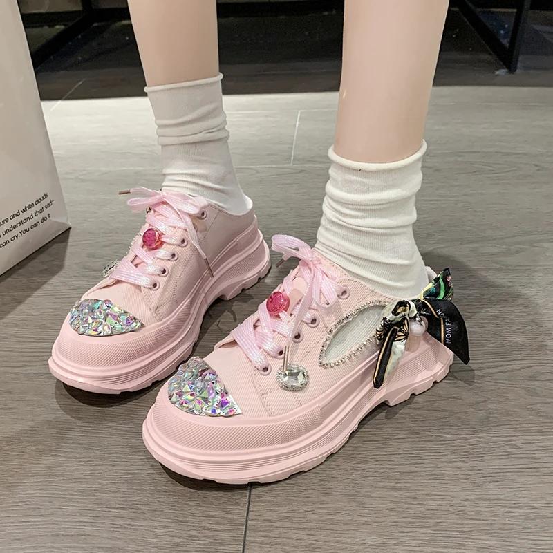 Fashion 2025 New Thick-soled Rhinestone Luxury Half Slippers Autumn Ladies Casual Breathable Sneakers Bow Knot Lovely Lolita Women Shoes