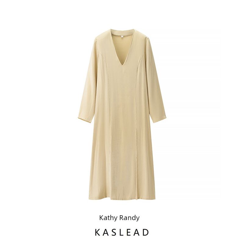 Kaslead New Arrival Women's Clothing Fashion Style Fashion Minimalist Loose V Neck Long Dress