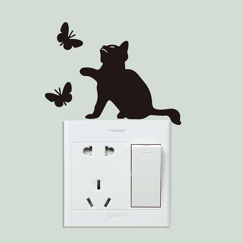 Cartoon Kitten and Butterfly Light Switch Stickers Whimsical Wall Decals for Living Room and Hallway Home Decor