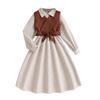 Girls' Retro Spring Suit: Belted Vest & Long-Sleeve Dress Set