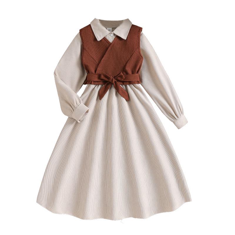 Girls' Retro Spring Suit: Belted Vest & Long-Sleeve Dress Set