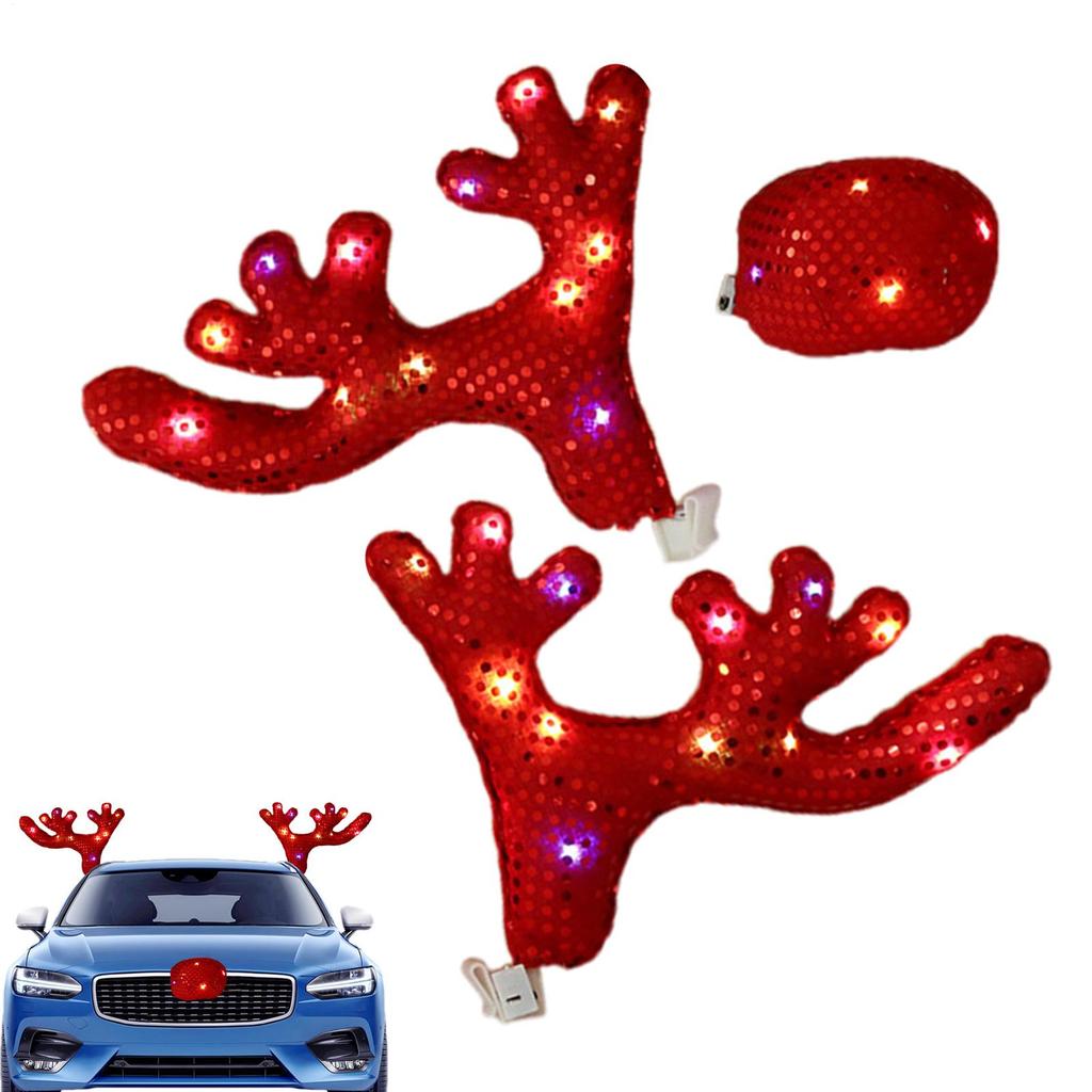 Car Antler Decoration Reindeer Decor Christmas Decoration Kit Car Costume Decor Reindeer Antlers & Nose with LED Light Funny