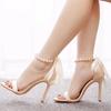 Summer New Brand Ankle Strap Sandal String Bead PU 10.5CM Thin Heels Buckle Strap Wedding Dress Women's Shoes Champagne