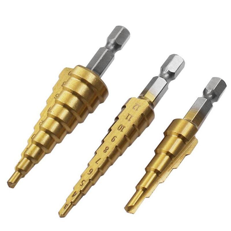 

3 шт., набор ступенчатых сверл с прямой канавкой, 3-12 мм, 4-12 мм, 4-20 мм, набор сверлильных инструментов из быстрорежущей стали с титановым покрытием золотой