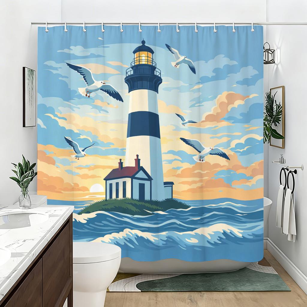 Scenic Coastal Themed Polyester Shower Curtain - 2D Printed Beach & Seaside Scene Bathroom Decorative Curtain