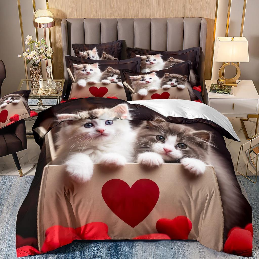 Cat Comforter Sets, Home Bedroom Décor for Kids and Adults Cute Printed Card Duvet Cover Pillowcase Gifts