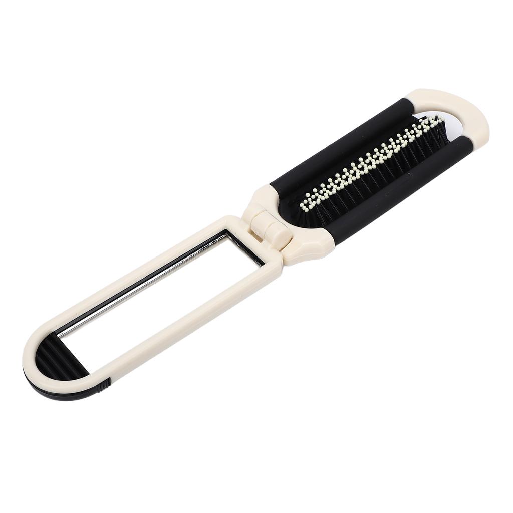 Folding Hair Brush with Mirror Portable Lightweight Pocket Size Massage Comb Hair Brush for Travel Cream White