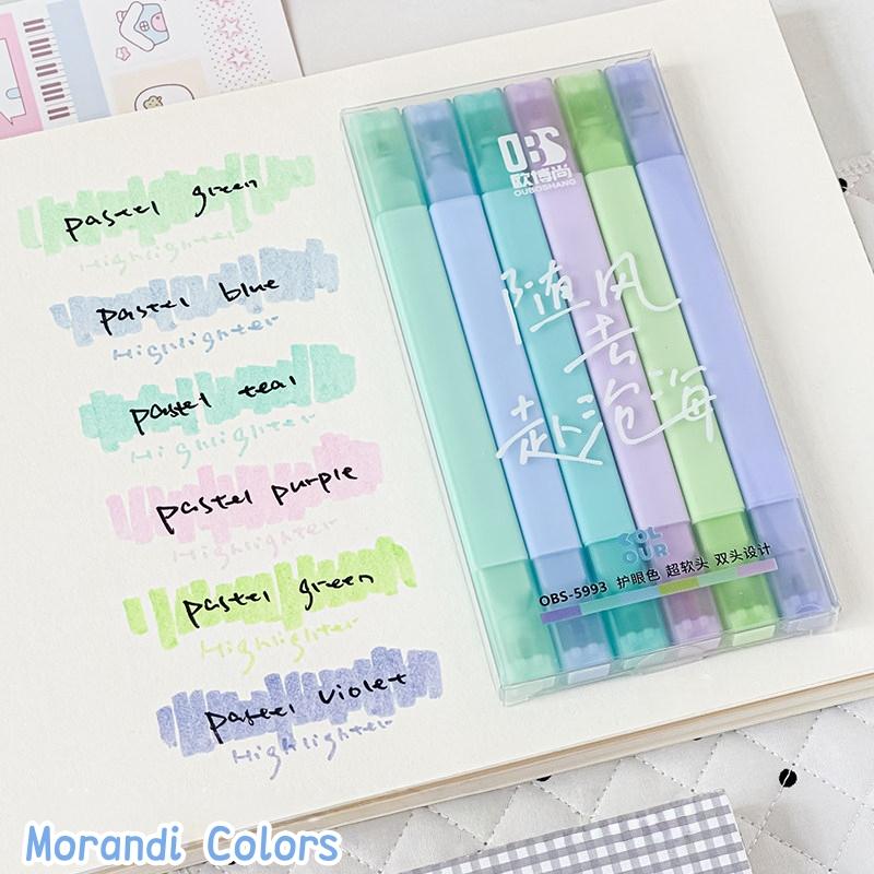 6pcs Dual Tip Highlighter Pens Set Macaron Pastel Colors Chisel Tip Quick Dry Soft Brush Student Drawing Set