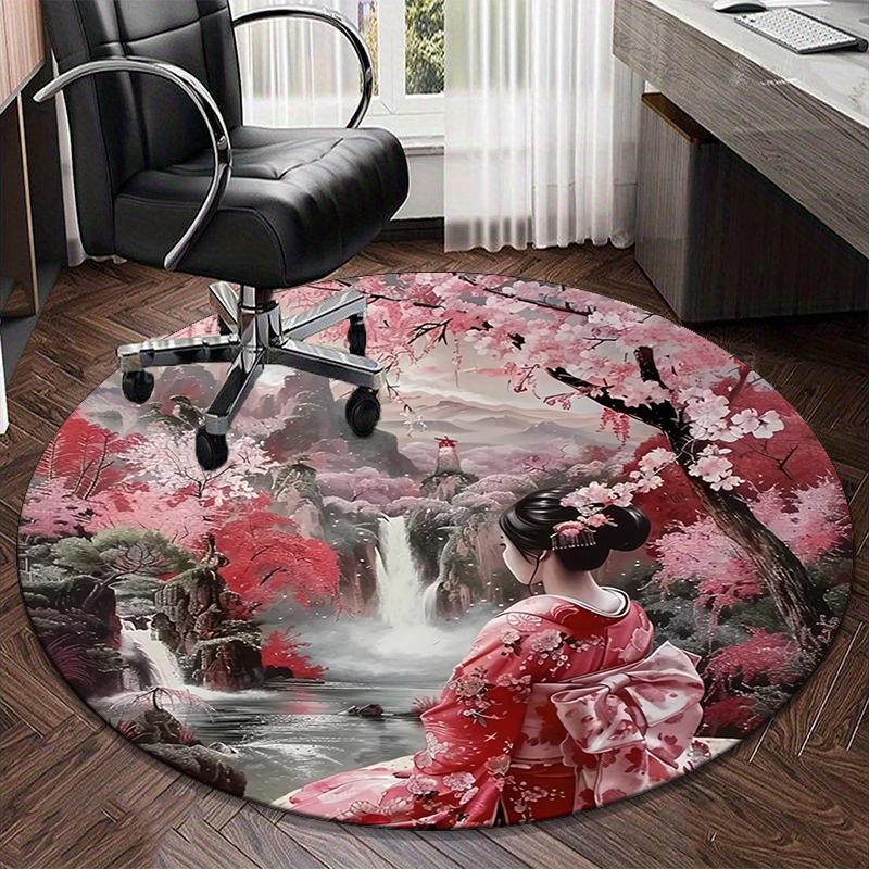 Cherry Blossom Geisha Beauty round carpet Chair cushion Round Entryway Rug, Soft Round Rugs for Living Room, Bedroom, Circle Carpet decor gifts
