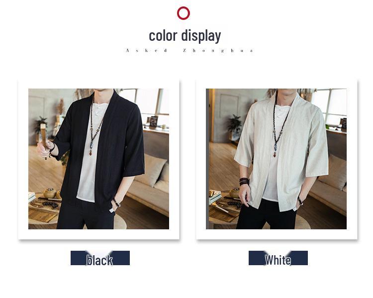 Men's Chinese Style Linen Hanfu Cardigan - Loose Fit, Plus Size, Casual Three-Quarter Sleeve Shirt