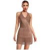 Women Dance Jumpsuit Halter Neck Sleeveless Spark Rhinestones Fringed Strappy Back Latin Dance Costume