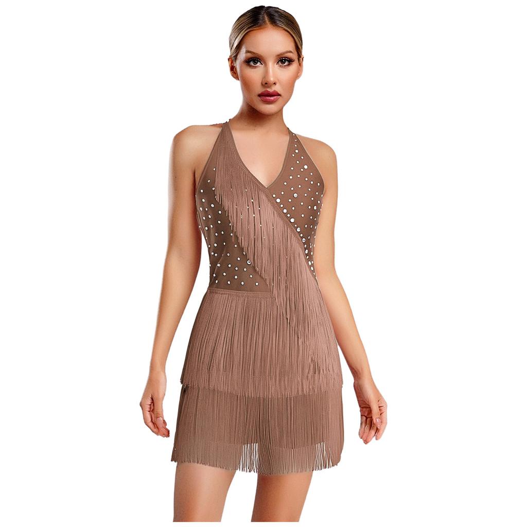 Women Dance Jumpsuit Halter Neck Sleeveless Spark Rhinestones Fringed Strappy Back Latin Dance Costume