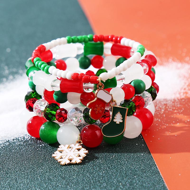 European & American Christmas Bracelet Set with Santa, Bell, & Snowflake Charms for Women