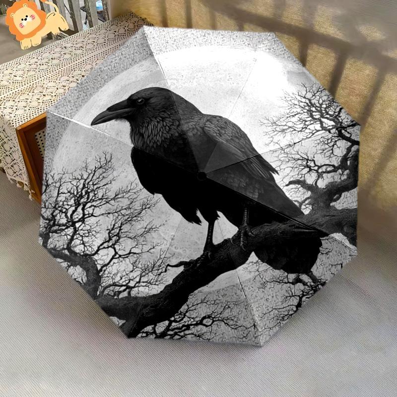 1 PC Automatic Folding Umbrella - Raven Pattern, Portable & Foldable Design with 8 Ribs, Christmas Birthday Gifts