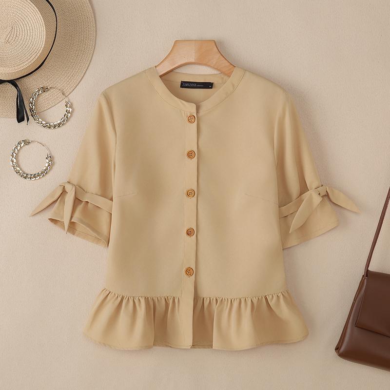 

ZANZEA Женская повседневная однотонная блузка с круглым вырезом и рукавом 3/4 S