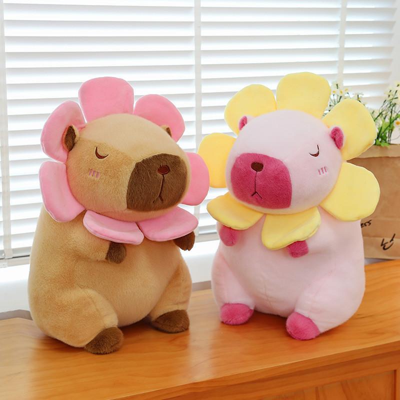 Adorable Pink And Brown Sunflower Capybara Plush Toy Soft Pillow For Kids And Girls