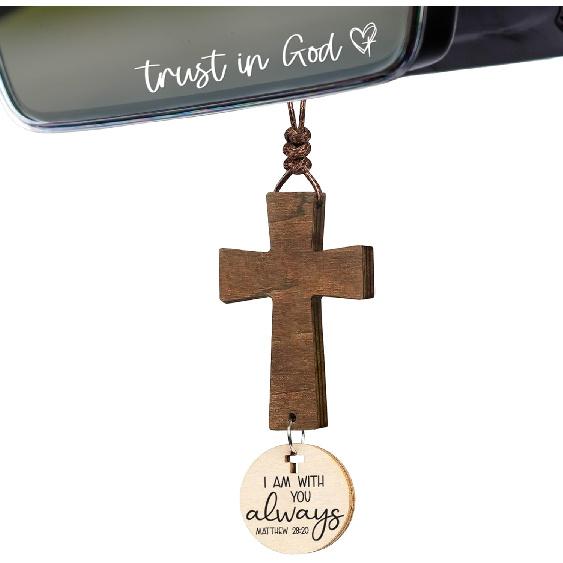 Cross for Car Mirror Hanging Christian with Bible Verse - I Am with You Always - Cross for Rear View Mirror - Christian Car Accessories Ornament - Cross Charm