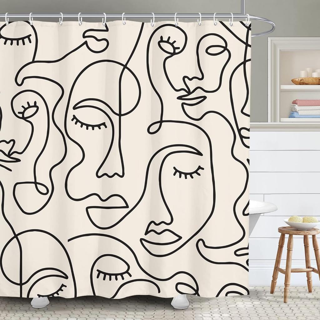 Abstract Face Minimalist Modern Bathroom Shower Curtain Line Art Modern Funny Aesthetic Cute Artsy Polyester Fabric Waterproof