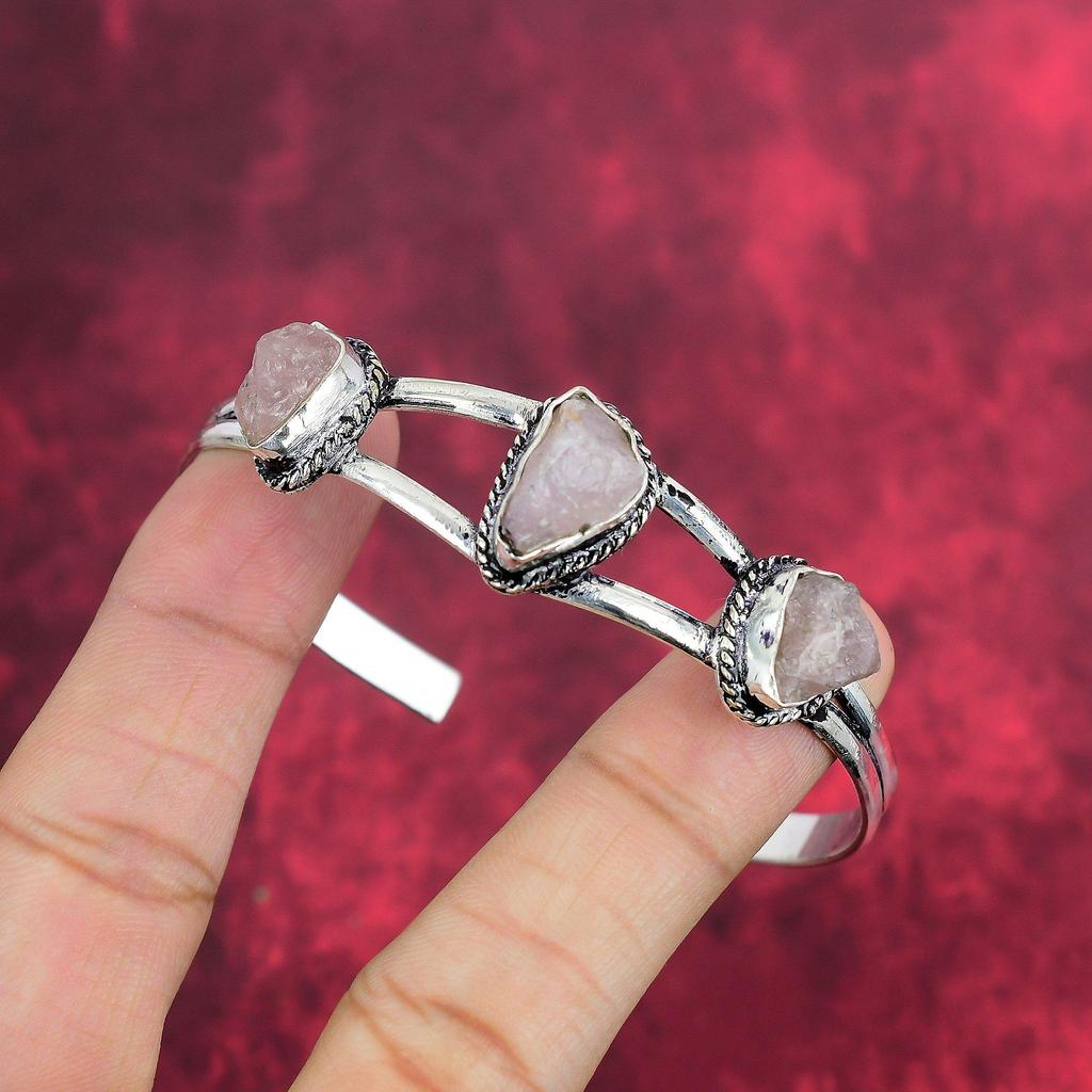 Rough Rose Quartz Bracelet Jewelry, Gemstone Bracelet 925 Solid Sterling Silver Jewelry, Handmade Unique Shape Adjustable Bracelet Jewelry