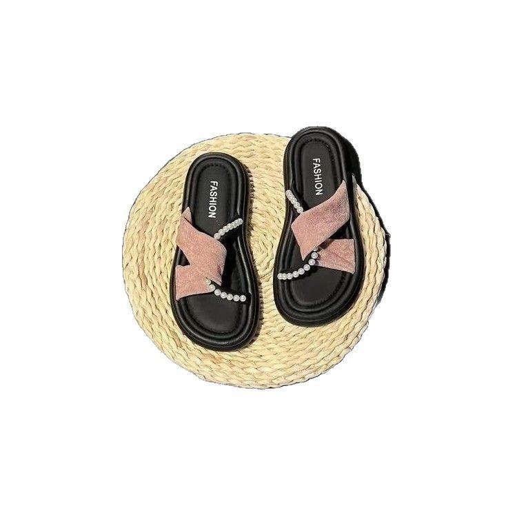 Pearl Cross Cool Slippers Women's Summer Fashion Outer Wear 2025 New Beautiful Skirt Thick-bottomed Beach Slippers Tide