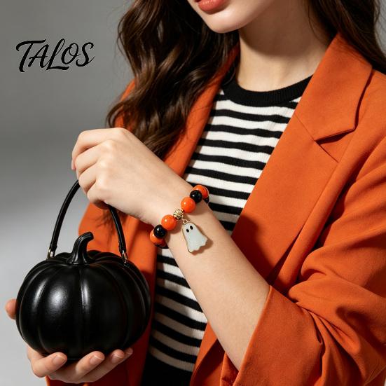Halloween Elastic Beaded Bracelet for Women, Orange Black Beads Stretch Stylish Holiday Accessory Girls with Ghost Charm, Stackable Party Handmade