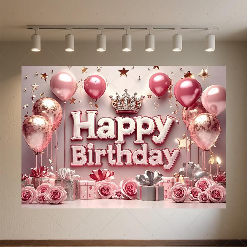 Crown Pink Balloons Background Banner Girls Birthday Party Decorations Flower Photography Backdrop Supplies Photo Shoot Props