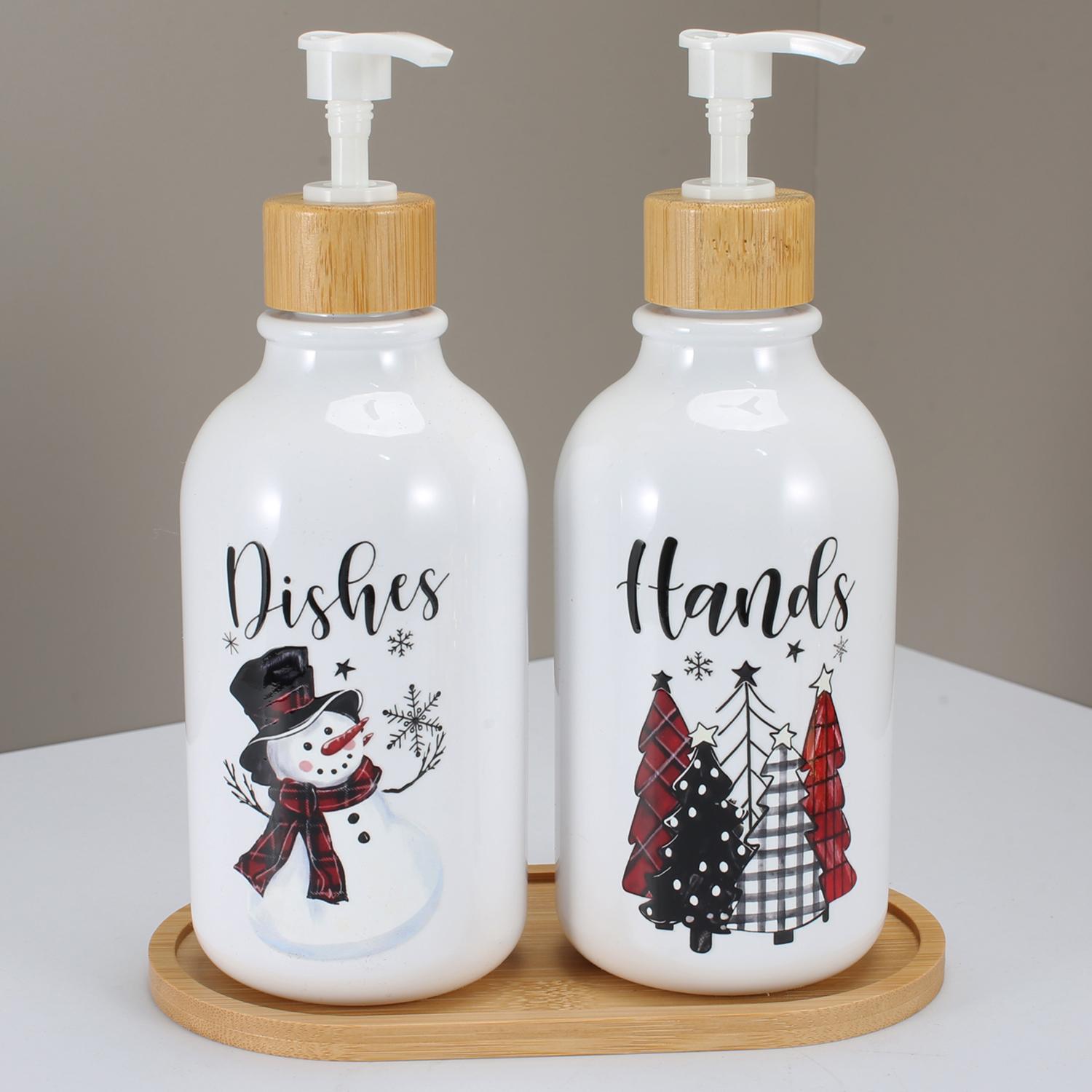

2Pcs Christmas Soap Dispenser with Tray Refillable Liquid Container Pink Gold Xmas Tree Santa Snowflake Soap Dispenser with Pump
