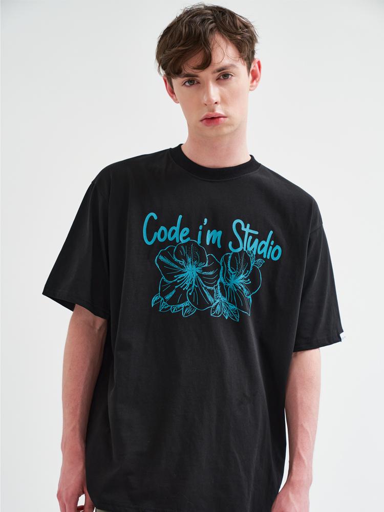 Code Iam Vintage Flower Artwork Print Oversized Short Sleeve T-Shirt Black Black/L