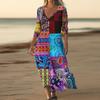 Dresses For Womens Vintage Print Tunic Waisted Midi Dress Summer Casual  3/4 Sleeve Dress