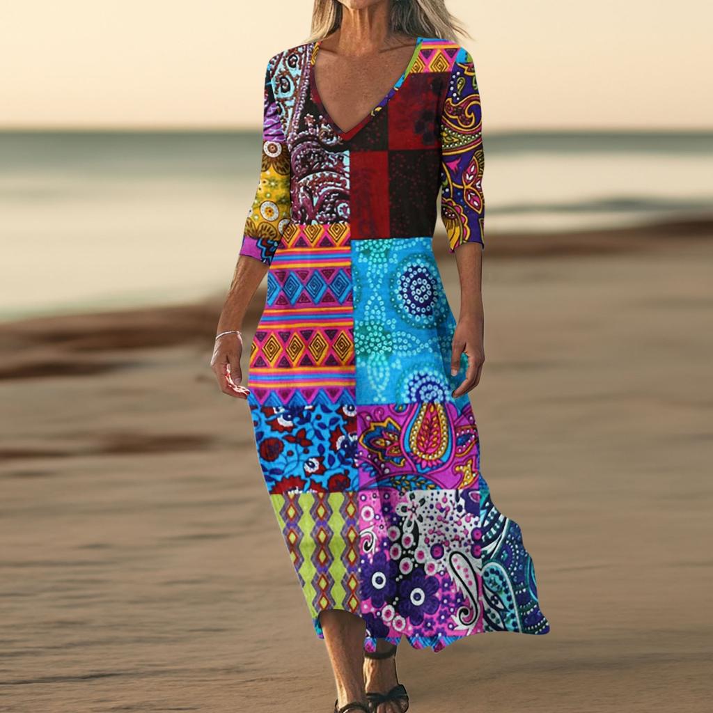 Dresses For Womens Vintage Print Tunic Waisted Midi Dress Summer Casual  3/4 Sleeve Dress