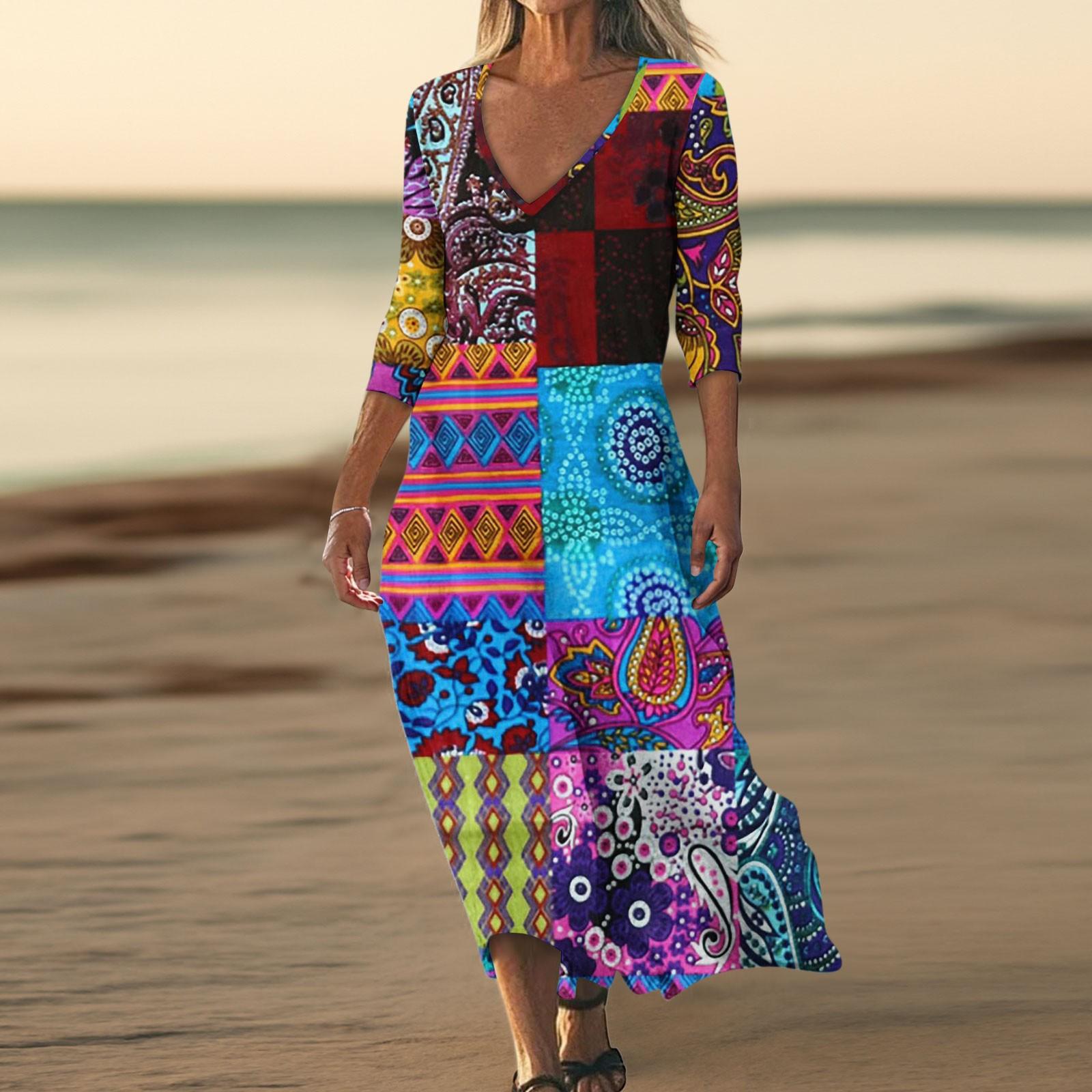 

Платья для женщин Винтажный принт Туника с завышенной талией Миди-платье Летнее повседневное Платье с рукавом 3/4 XL синий