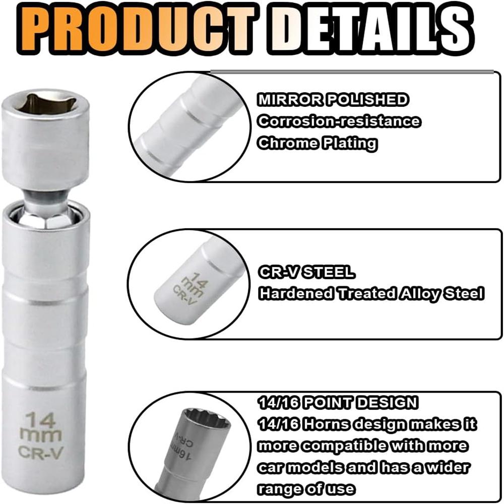 14mm ve 16mm Manyetik Döner Buji Soketi, 12 Noktalı Standart Buji Soketi Çıkarma Aleti Döndürme, Çoğu Araba Modeli için Uygundur