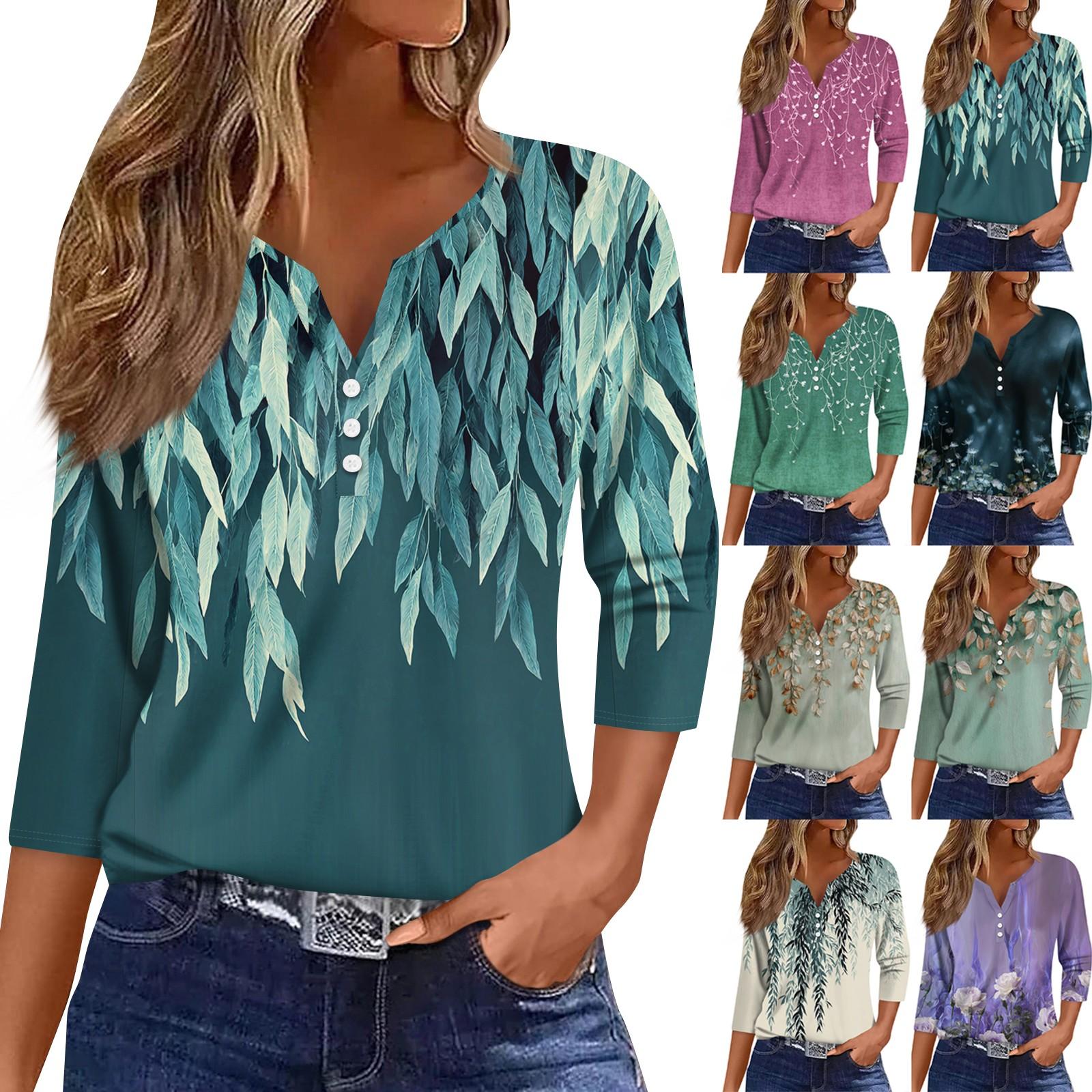 

3/4 Length Sleeve Women s Tops Print Vintage Fashion Casual Loose With V Neck Plus Size Shirts Tops XL зелений