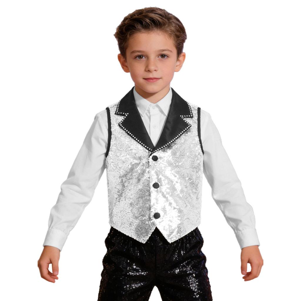 Boys Girls Sparkly Sequin Vest Contrast Lapel Collar Sleeveless Asymmetrical Waistcoat for Stage Performance Costume Tops