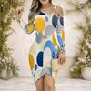 Women Plus Size One Shoulder Chain Strap Long Sleeve Geometric Printed Asymmetrical Hem Bodycon Dress