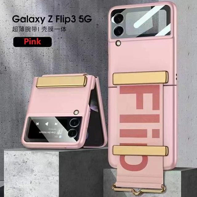 

Браслет для Samsung Galaxy Z Flip 3 Flip 4, чехол для камеры, стеклянная пленка, защитная пленка для экрана, твердый чехол-подставка розовый