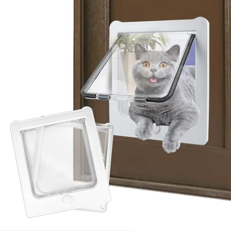 Cat Flap Door with 4 Way Security Lock Controllable Switch Transparent ABS Plastic Gate Puppy Kitten Safety In&out Pet Doors Kit