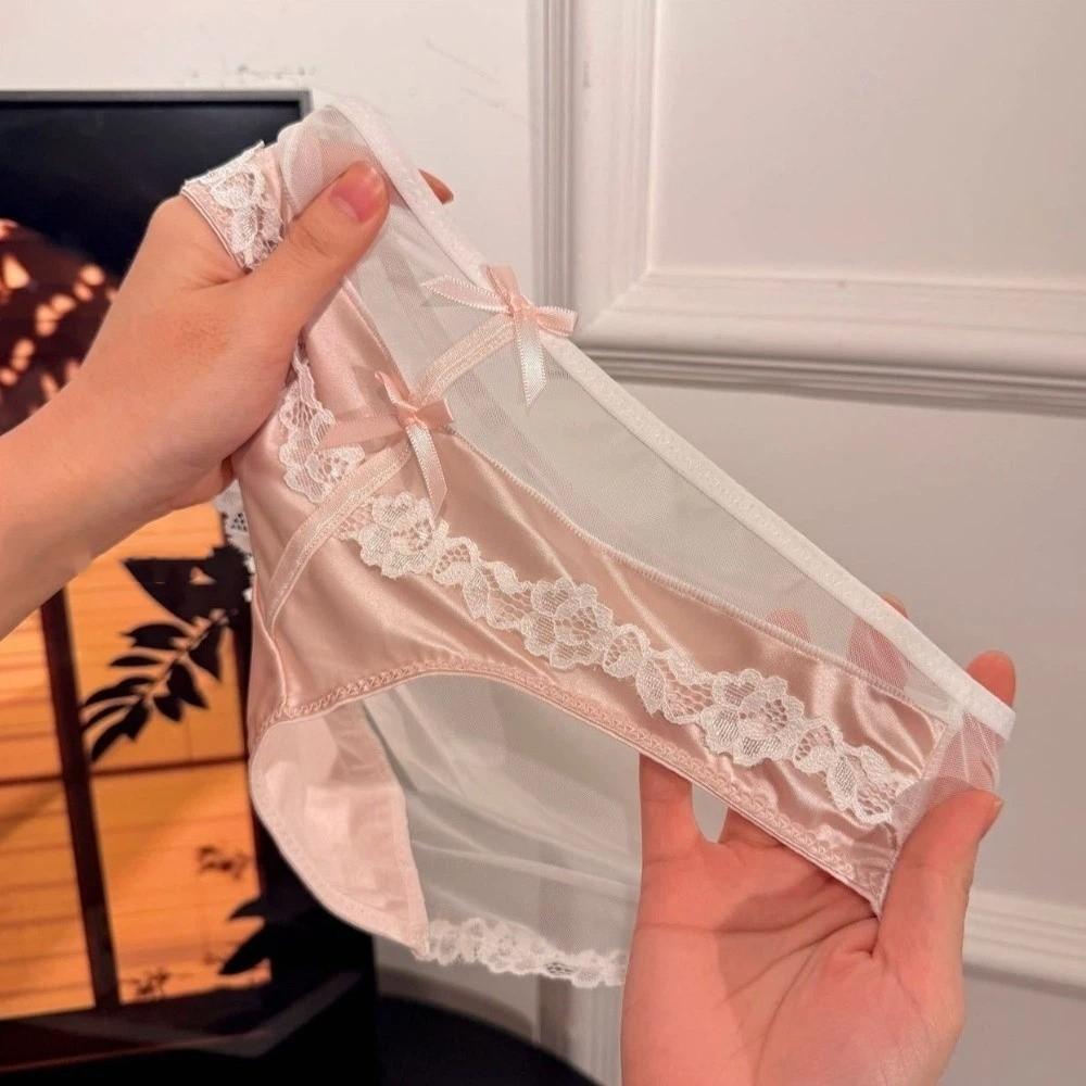 Transparent Lace Flower Panties Bow Mesh Lace Briefs Sweet Underwear for Women  Lady