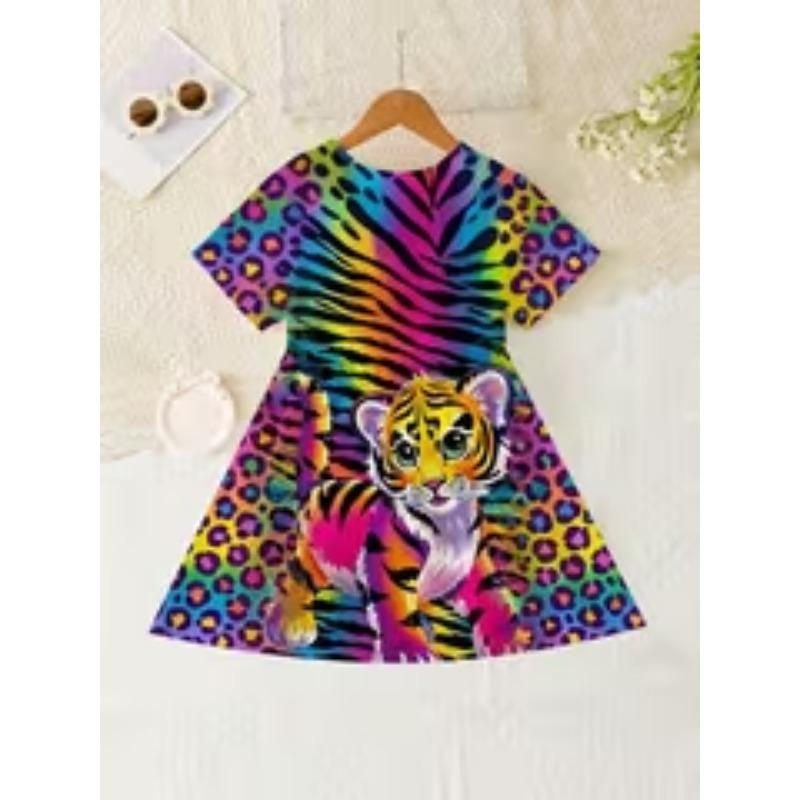 Stylish Blue Cute Princess Pattern Elegant Short Sleeve European and American Fashion Girl Print Dress