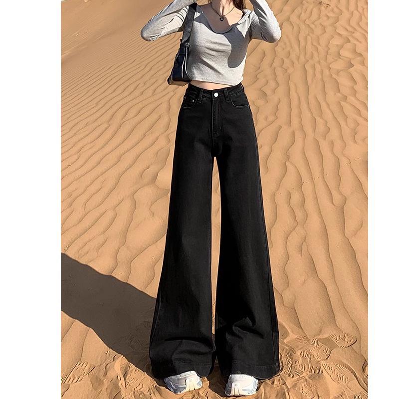 

Женские джинсы больших размеров с высокой посадкой, черные, с широкими штанинами - расклешенные, свободные, не облегающие, длиной до пола, идеально подходят для осени/зимы. XS чёрный